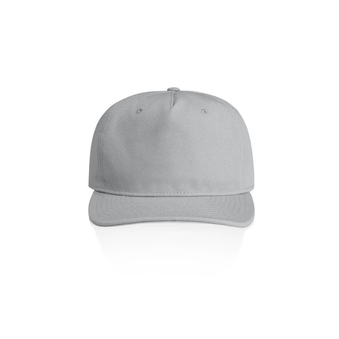 A grey cap featuring a flat brim and an adjustable strap, equipped with a logo on the front.