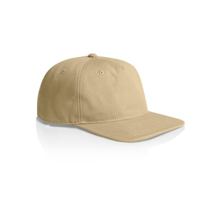 A beige cap with a flat brim and a branding logo. Suitable as headwear for casual or promotional use.