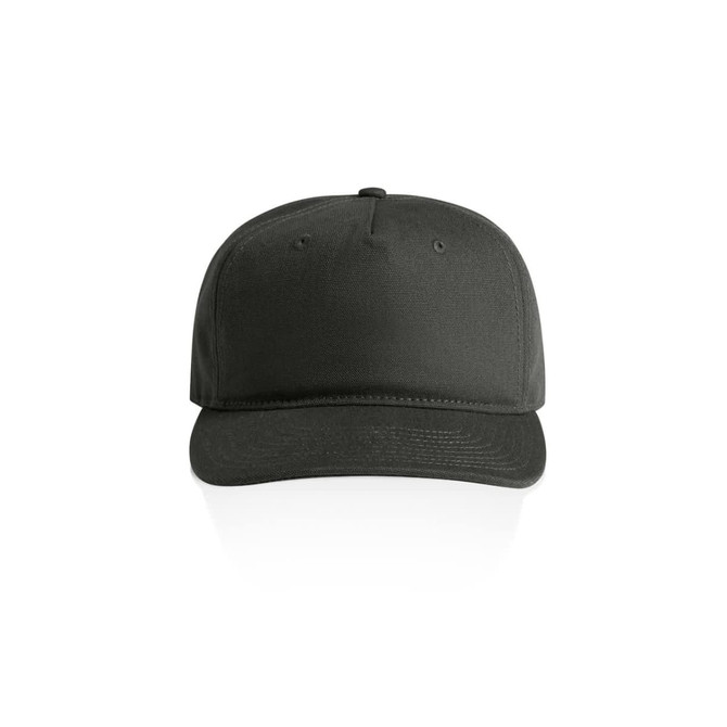 A black cap with a structured design, featuring a curved brim and ventilation holes. It has a logo on the front.