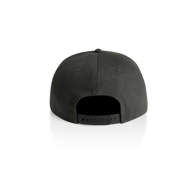 A dark green cap featuring a black adjustable strap and a plain back. Includes a logo.