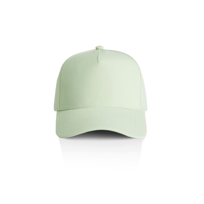 A pale green cap with a structured front, featuring a logo on the front.
