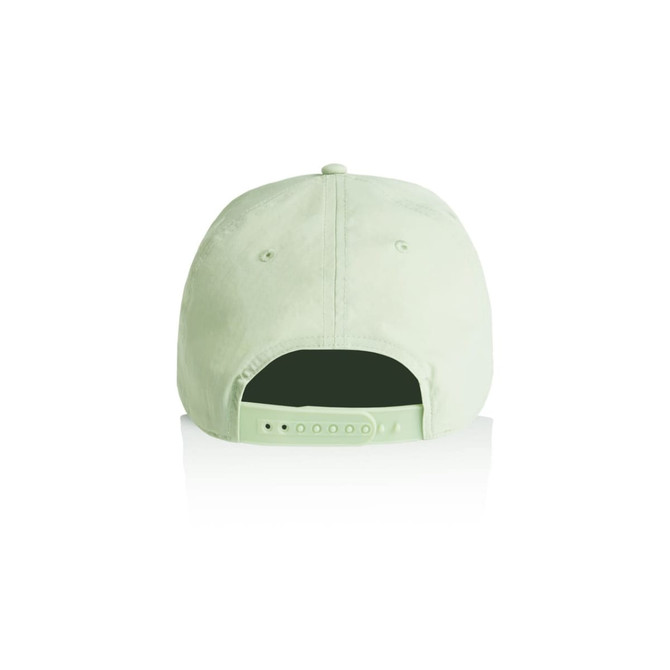 A light green cap with an adjustable strap and a logo on the back.