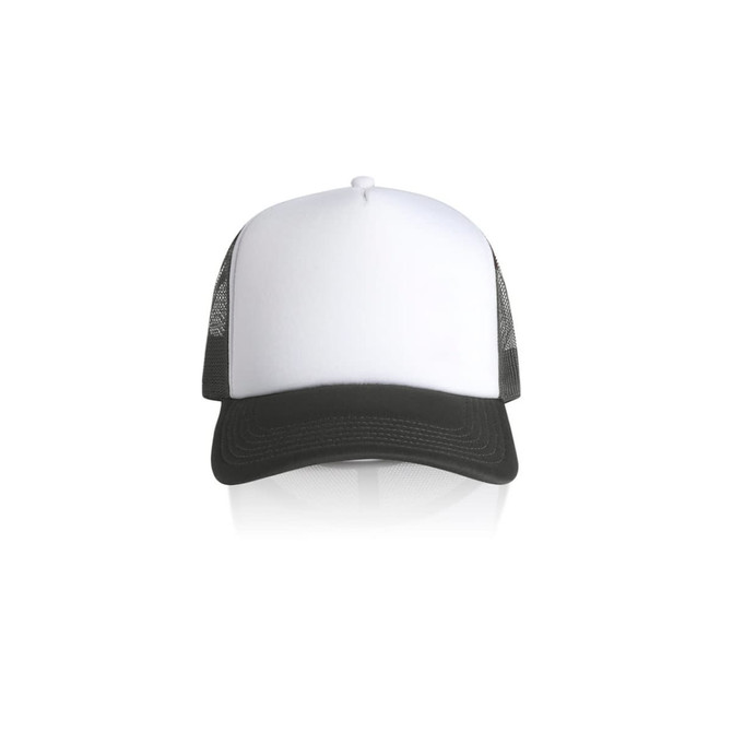 A two-tone trucker cap featuring a white front panel and a black peak with mesh sides.