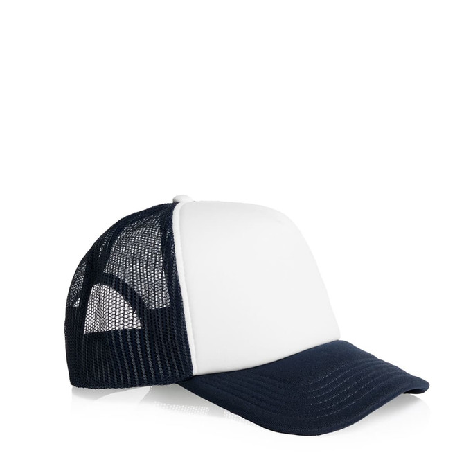 A two-tone trucker cap featuring a white front and navy mesh back, including a logo on the front.