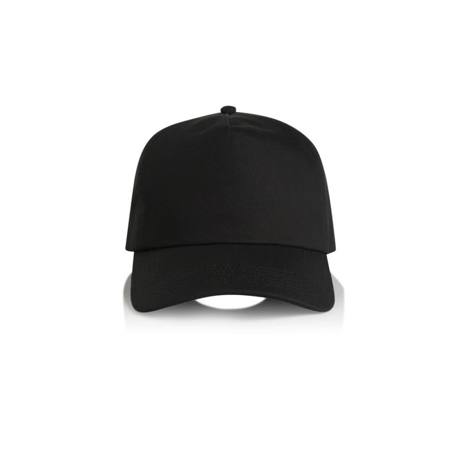 A black cap with a structured front and adjustable strap, featuring a logo on the front.