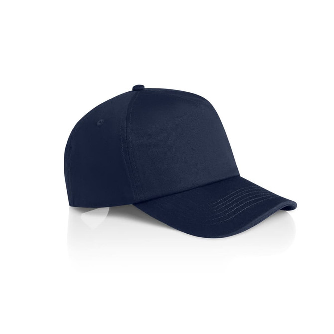 A navy blue cap with a curved brim and a structured design, featuring a logo on the front.