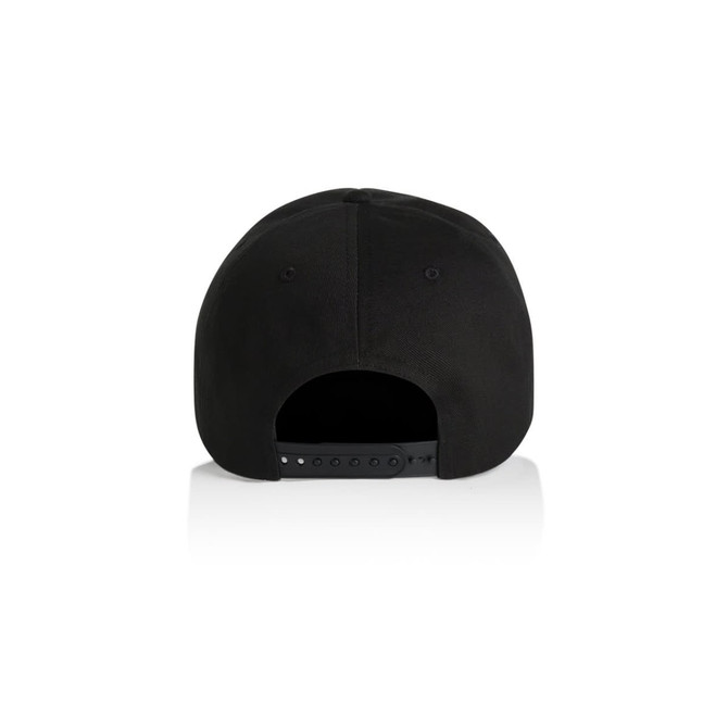 A black soft cap featuring a snapback closure and a plain design, with a logo on the back.