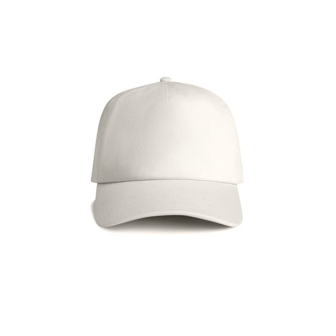 A soft cap in a light cream colour with a visor and a logo on the front.