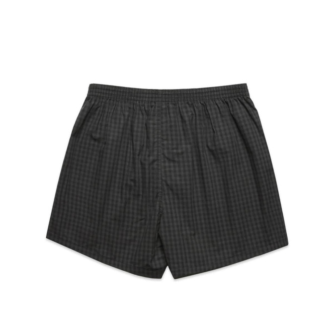 Boxer check shorts in dark grey with a patterned design and an elastic waistband. Features branding on the waistband.