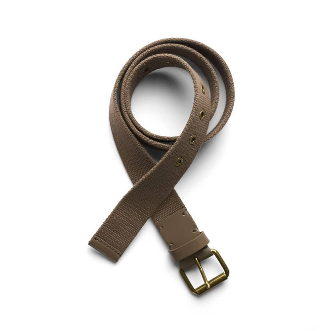 A cotton webbing belt in a light brown shade, featuring a gold-toned buckle and adjustment holes.