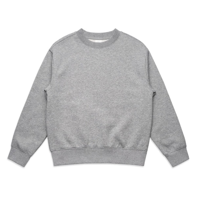 A grey crew neck jumper with long sleeves and ribbed cuffs, featuring a logo.