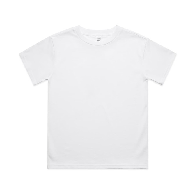A white classic t-shirt for kids featuring a blank design and a brand logo on the interior tag.