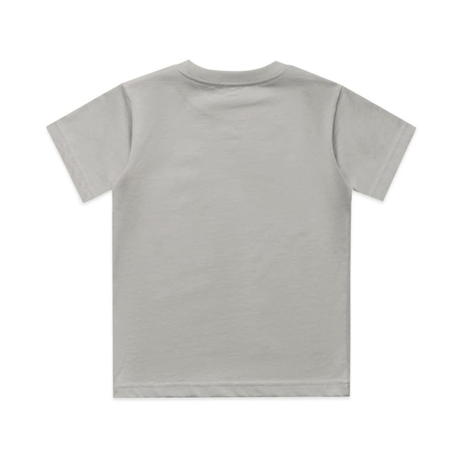 A kids' classic tee in a light grey colour, featuring short sleeves and a plain back. It has a logo on the label.