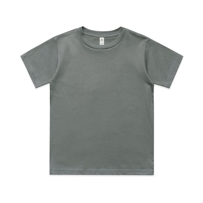 A grey kids' classic T-shirt featuring a round neckline and short sleeves, with a label inside the collar.
