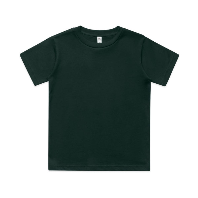 A dark green kids' classic tee with a round neck and short sleeves, featuring a logo on the tag.