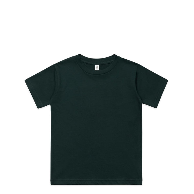 A dark green classic youth t-shirt with a crew neck and short sleeves. It features a branding label inside.