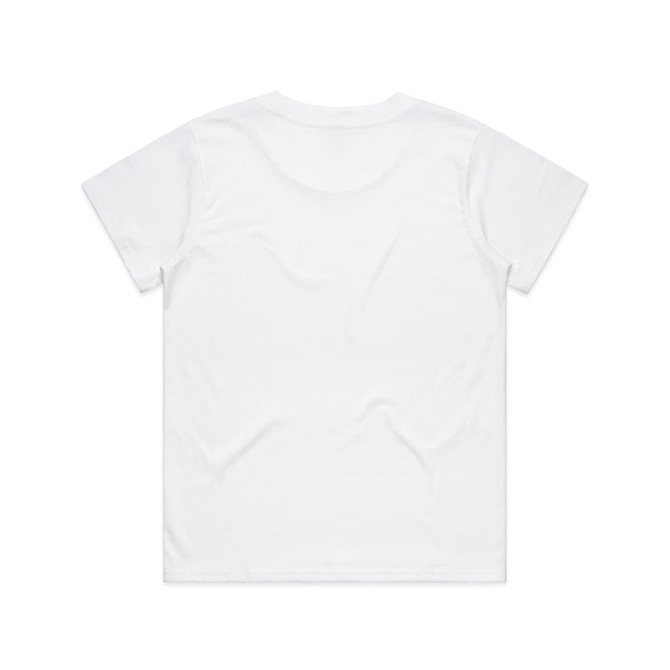 A plain white T-shirt with a simple design, featuring a logo on the front.