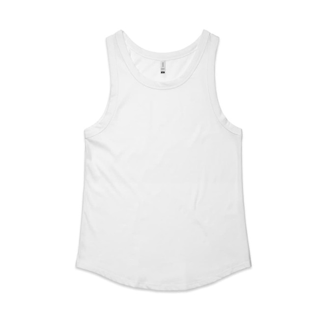 A white singlet with a rounded hem, featuring a logo on the label.