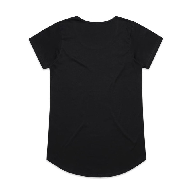 A black T-shirt with short sleeves and a rounded hem, featuring a branding logo on the back.