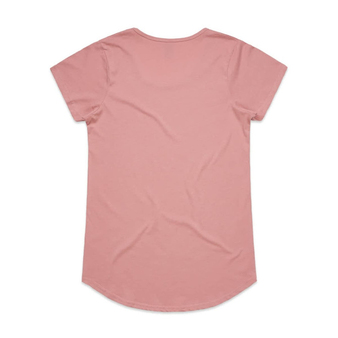 A pink T-shirt with a rounded hem and short sleeves, featuring a branding logo on the back.