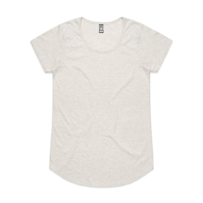 A light grey t-shirt with short sleeves and a scoop neckline, featuring a label inside.