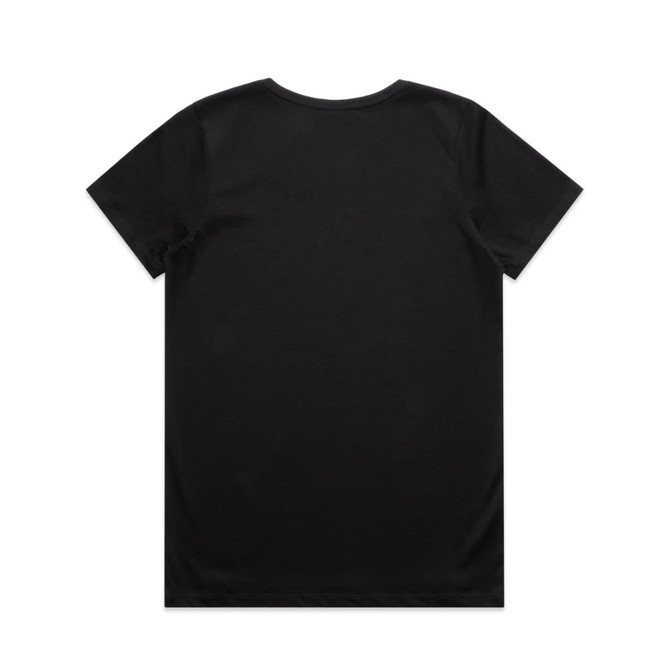 A black t-shirt featuring a plain back design and a simple crew neckline. It has a logo on the inside label.
