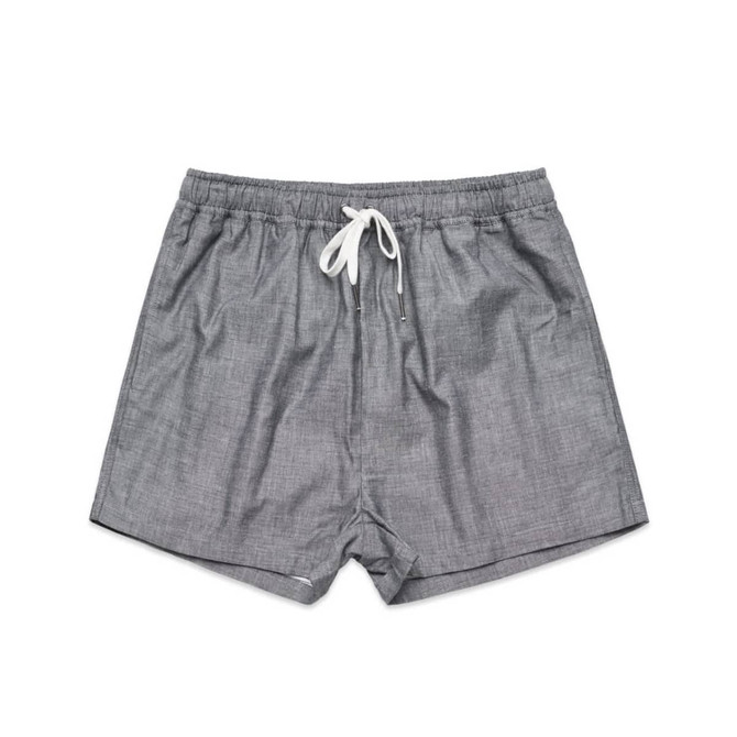 A pair of grey dress shorts with an elastic waistband and drawstring, featuring a basic design.