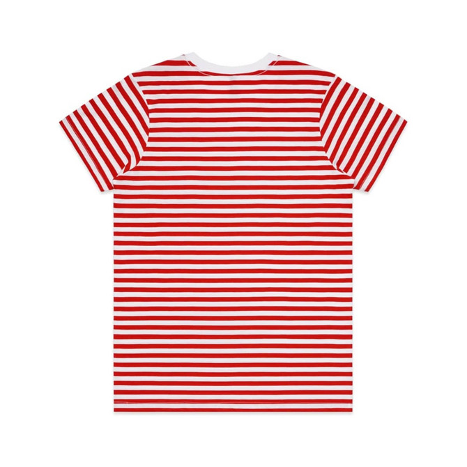A red and white striped T-shirt featuring short sleeves and a crew neck. The design includes a logo.