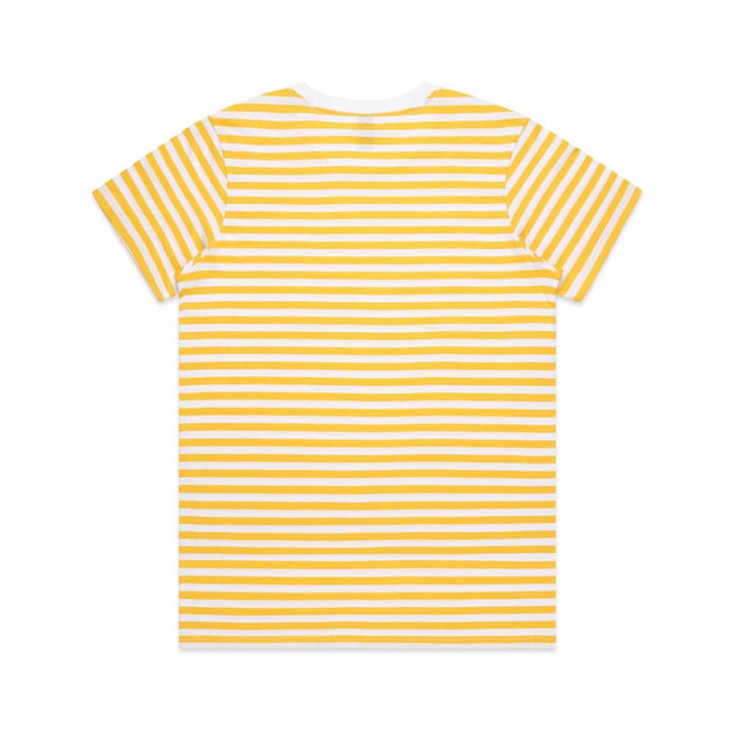 A yellow and white striped t-shirt featuring a crew neck and short sleeves, with a logo on the back.