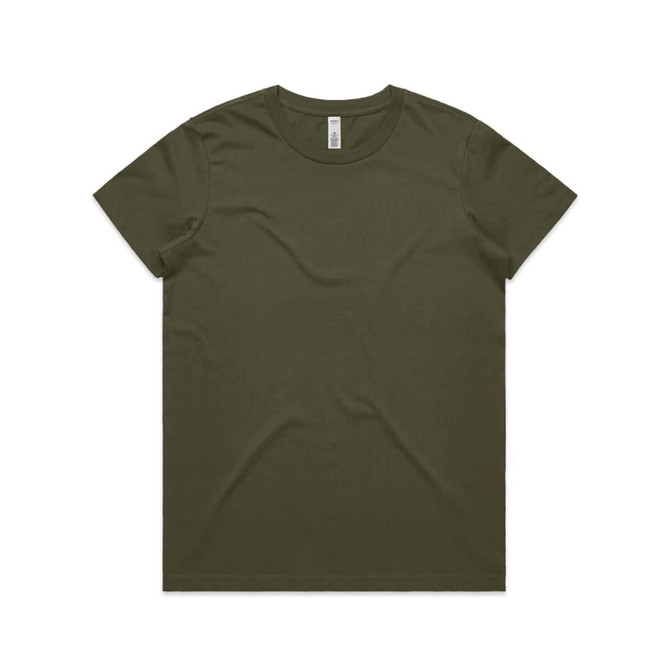 An olive green t-shirt with a crew neck, featuring a small logo on the label.