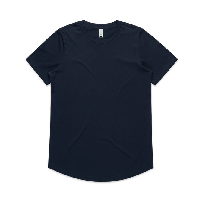 A navy blue T-shirt with a rounded hem, featuring a logo. It has a simple, classic design.