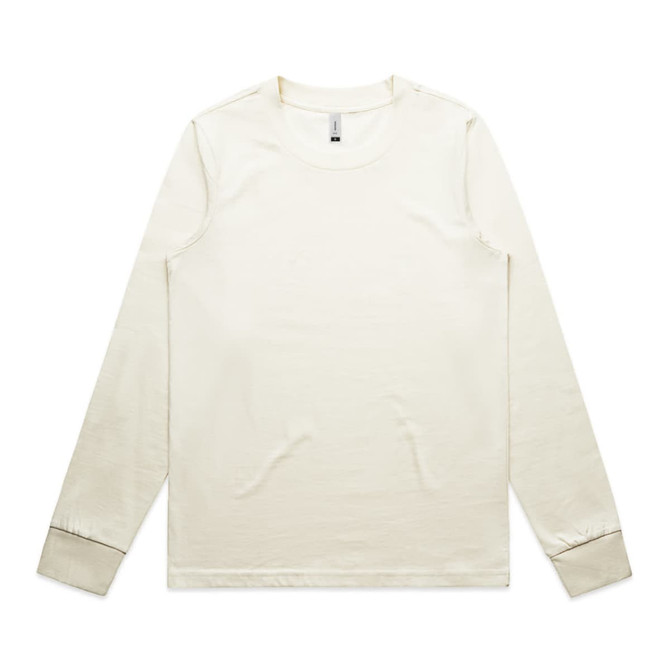 A long-sleeved beige T-shirt with a simple design and cuffed sleeves, featuring a logo on the label.