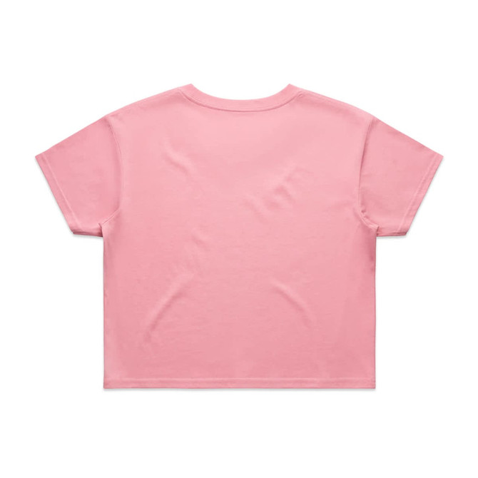 A pink crop tee with short sleeves and a plain back, featuring a logo.
