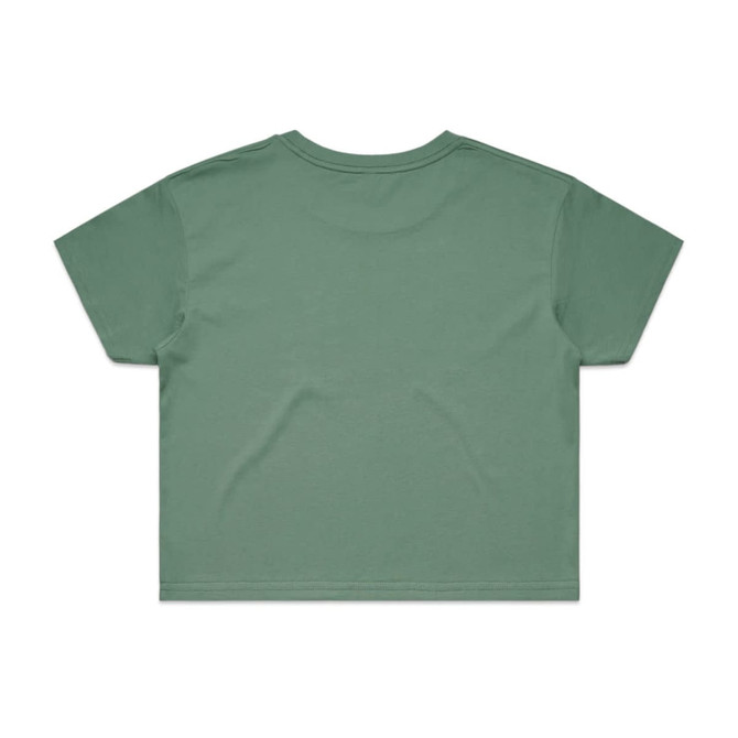 A green cropped t-shirt featuring a simple design and a branding logo.