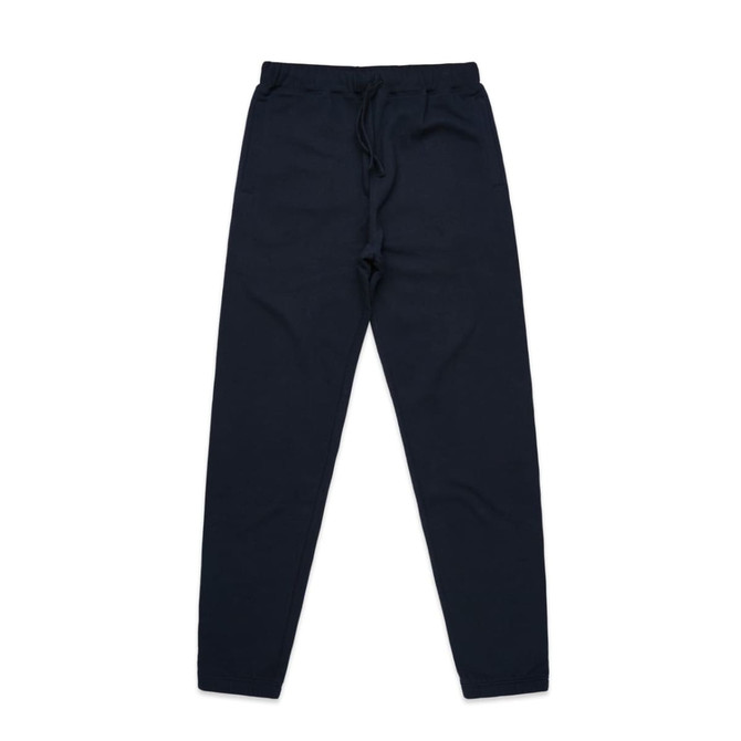 Navy track pants with a drawstring waistband and side pockets, featuring a logo on one side.