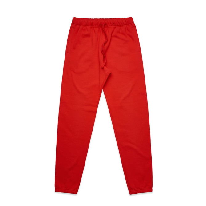 A pair of red track pants with an elastic waistband and drawstring, featuring side pockets.