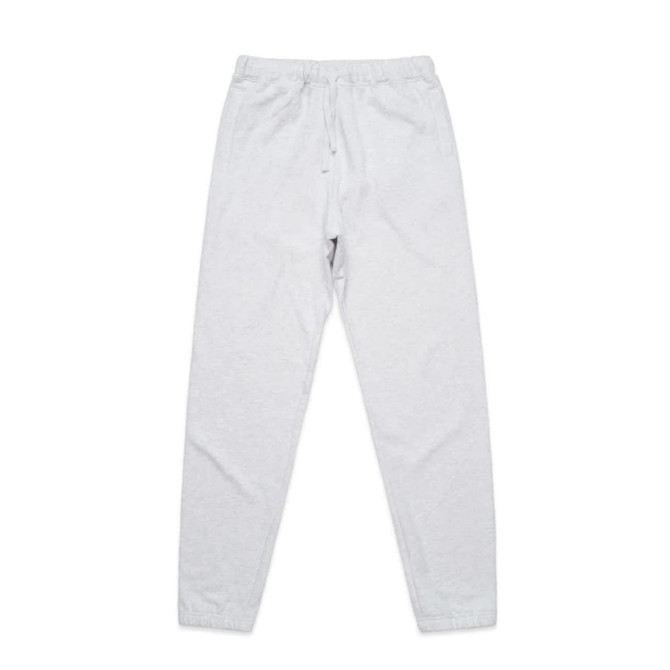 A pair of light grey track pants with a drawstring waist and elasticated cuffs, featuring side pockets.