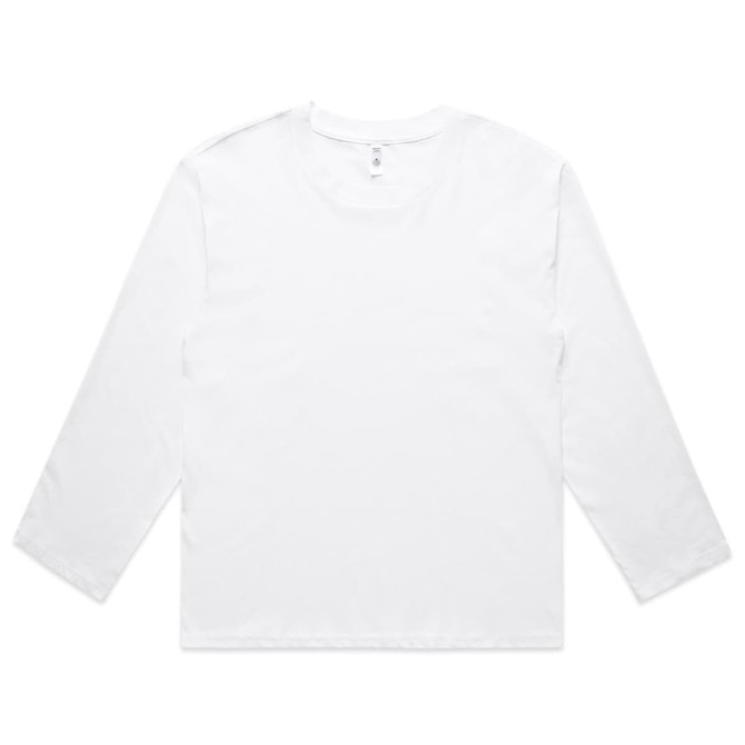 A white long-sleeve t-shirt with a crew neckline and a label inside, featuring a logo on the side.
