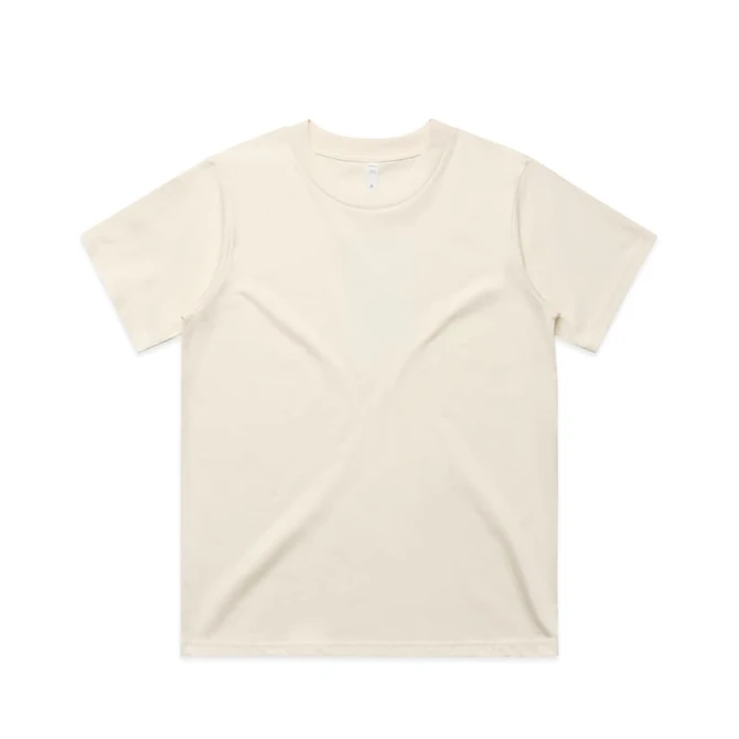 A plain cream-coloured t-shirt with short sleeves, featuring a subtle logo on the fabric.