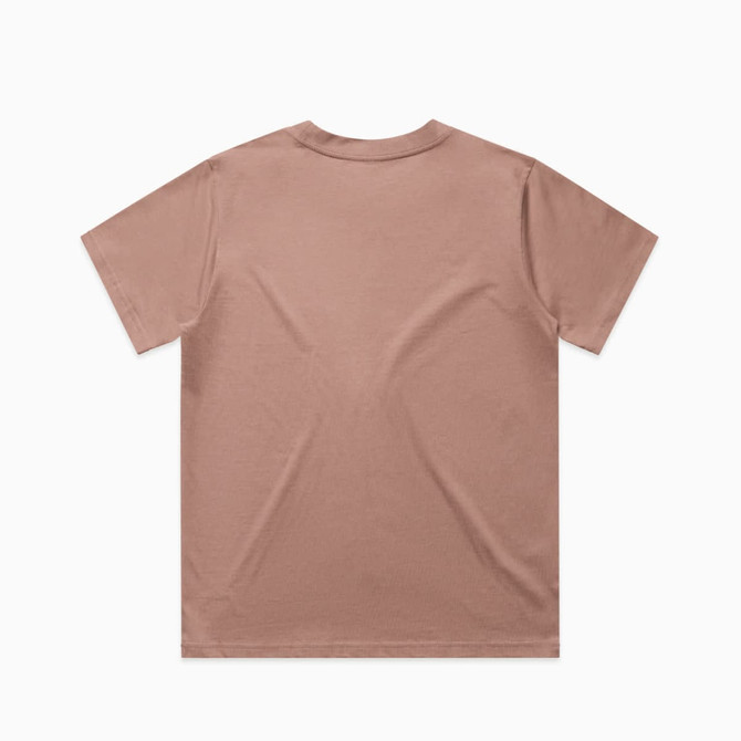 A brown t-shirt with a crew neck and short sleeves. It features a logo on the back.