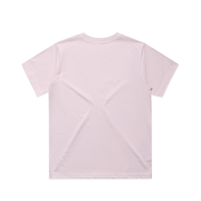 A plain light pink t-shirt with short sleeves, featuring a logo on the back.