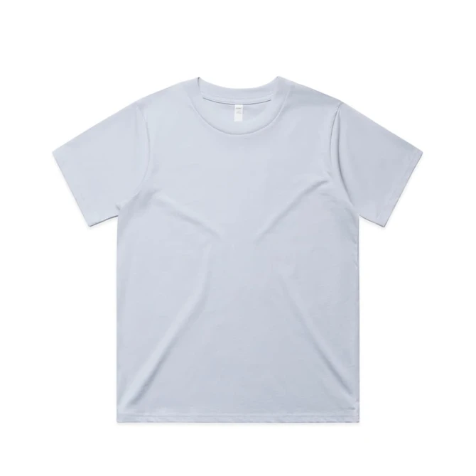 A light grey t-shirt with a round neck and short sleeves, featuring a logo on the label.