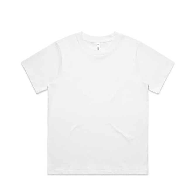 A plain white T-shirt featuring short sleeves and a logo on the label.