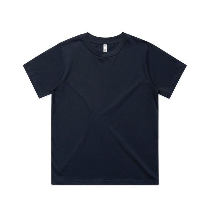 A navy blue t-shirt with a classic cut and short sleeves, featuring a logo on the label.