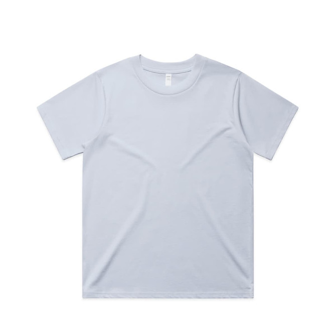 A light blue t-shirt with a round neckline and short sleeves, featuring a logo on the label.