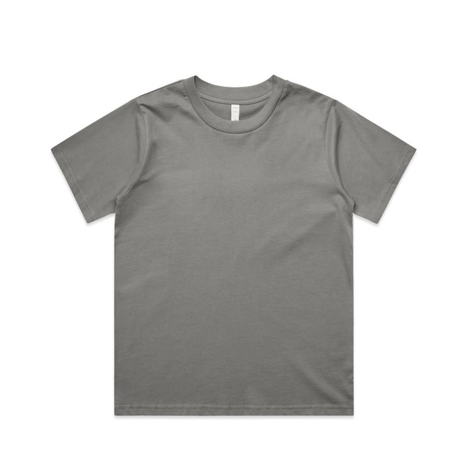 A grey T-shirt with a classic fit, featuring a simple design and a logo tag on the inside label.