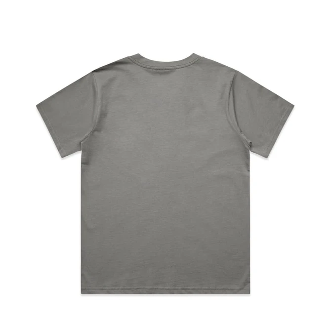 A grey t-shirt featuring a plain back design and a standard fit. It has a logo on the neckline.