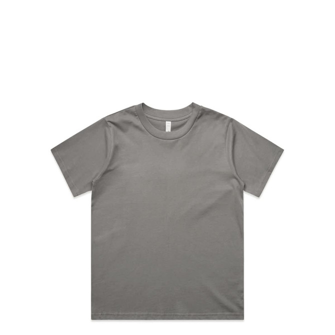 A grey T-shirt with a plain design and a label inside. It features a logo at the neckline.