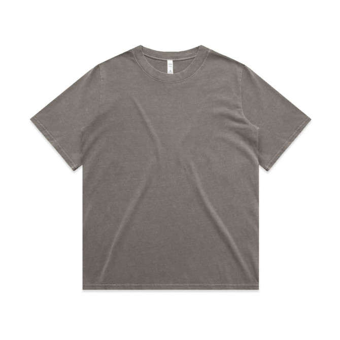 A grey faded T-shirt with a relaxed fit and short sleeves. It features a simple design and has a logo.