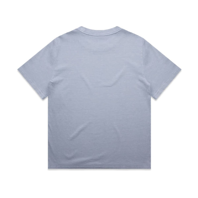 A light blue, heavy faded t-shirt with a casual fit and a plain back. It features a logo near the collar.
